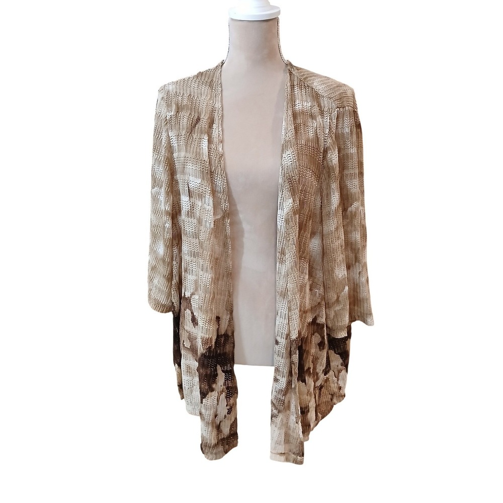 Catherines Tan Abstract Print Open Front Cardigan 3x Petite Lightweight Neutral